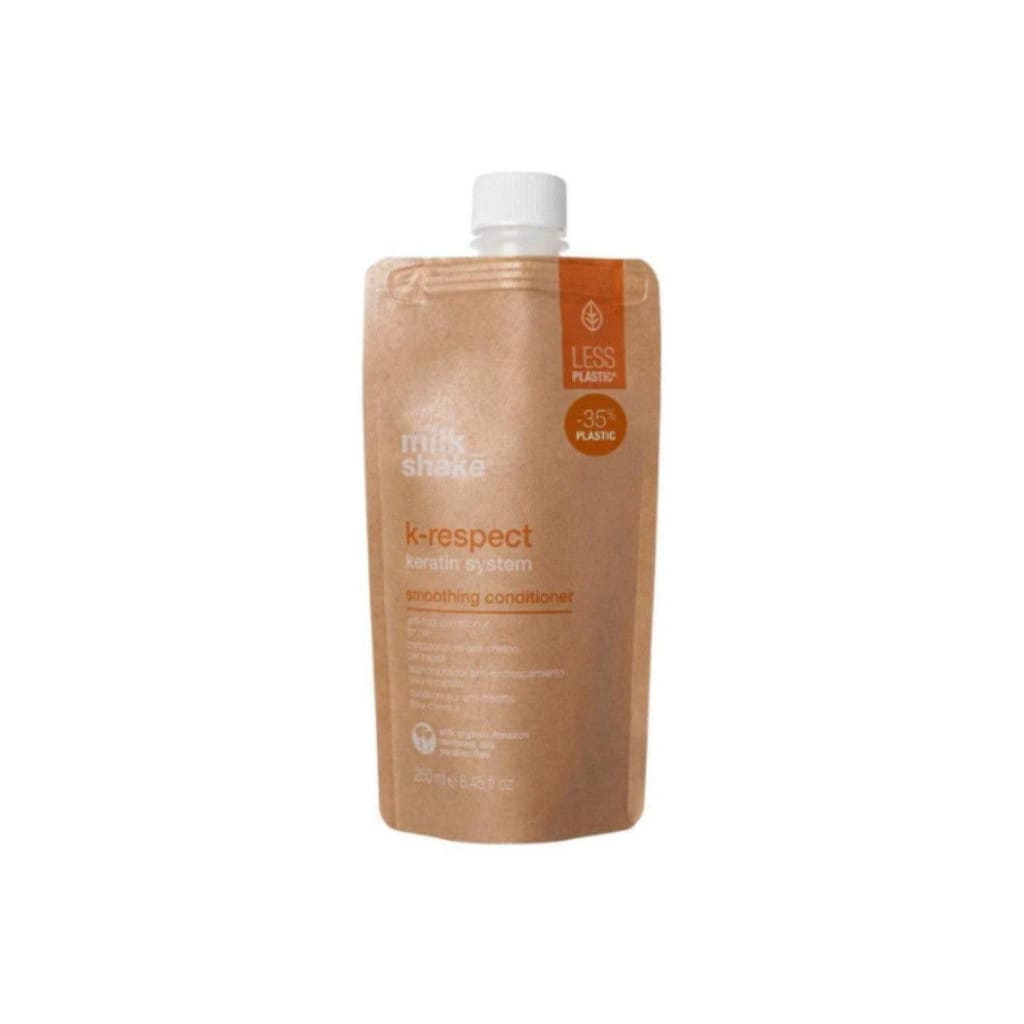 Peach-colored pouch of Milkshake K-Respect Smoothing Conditioner 250ml for silky hair