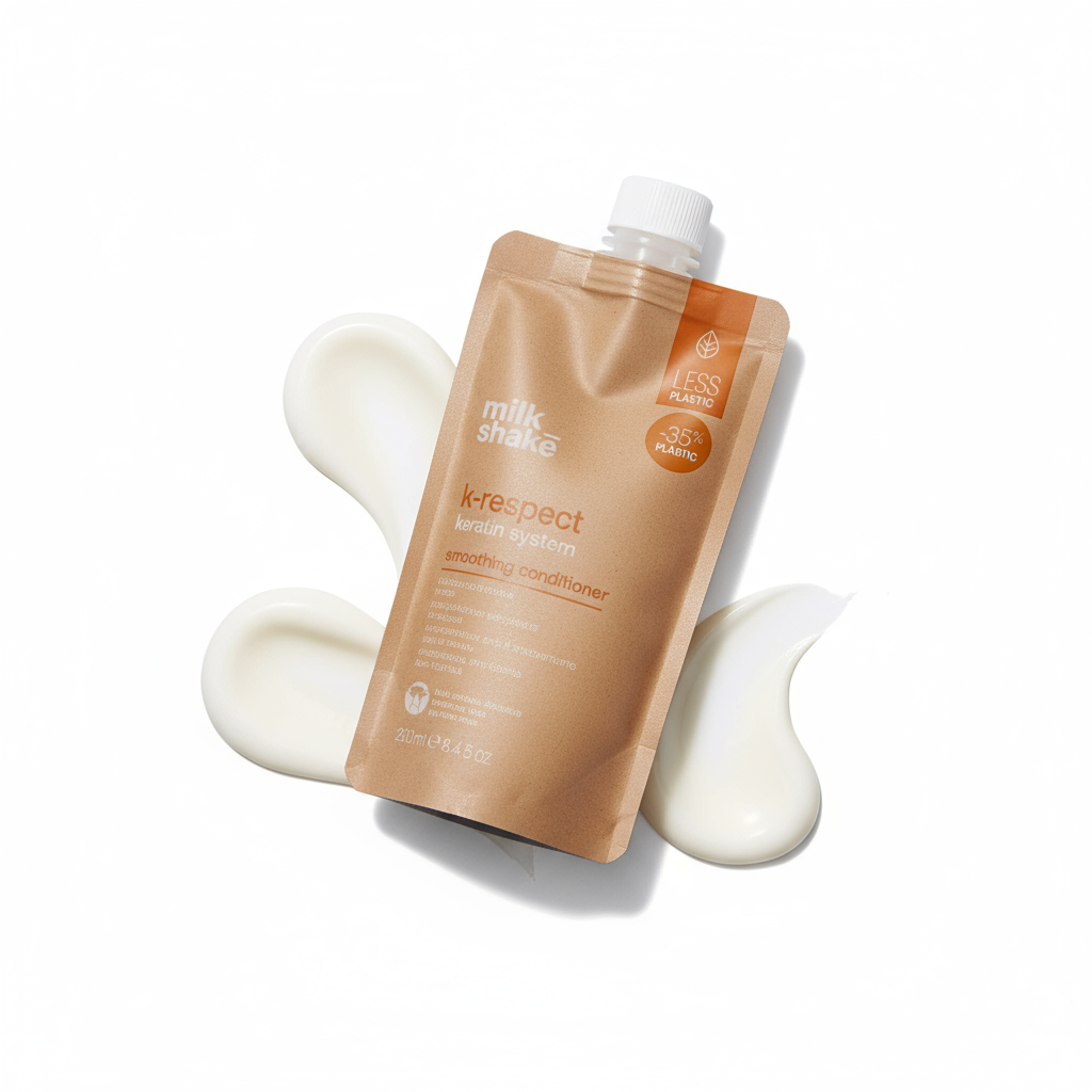 Milkshake K-Respect Smoothing Conditioner pouch with cream texture swirls on white background