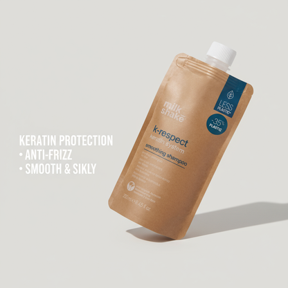 Milkshake K-Respect Smoothing Shampoo in eco-friendly pouch with keratin protection for anti-frizz smooth hair