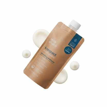 Milkshake K-Respect Smoothing Shampoo in eco-friendly pouch with creamy lotion drops