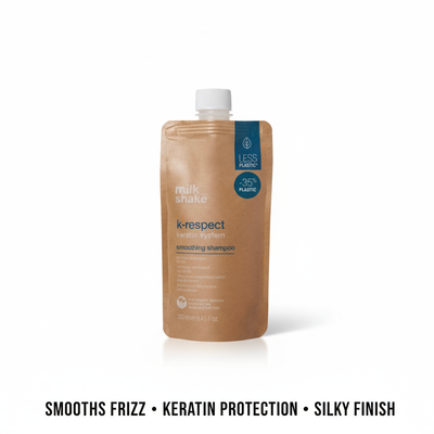 Milkshake K-Respect Smoothing Shampoo pouch with keratin system for frizz control and silky finish