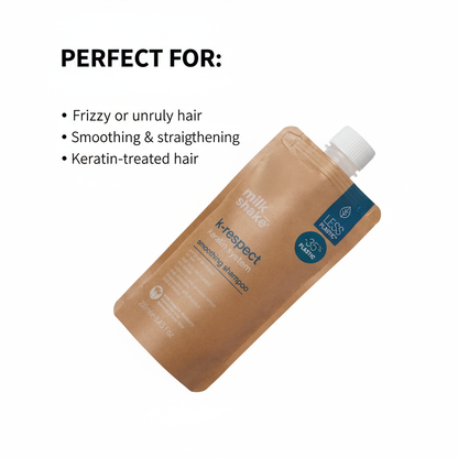 Milkshake K-Respect Smoothing Shampoo pouch for frizzy unruly keratin-treated hair