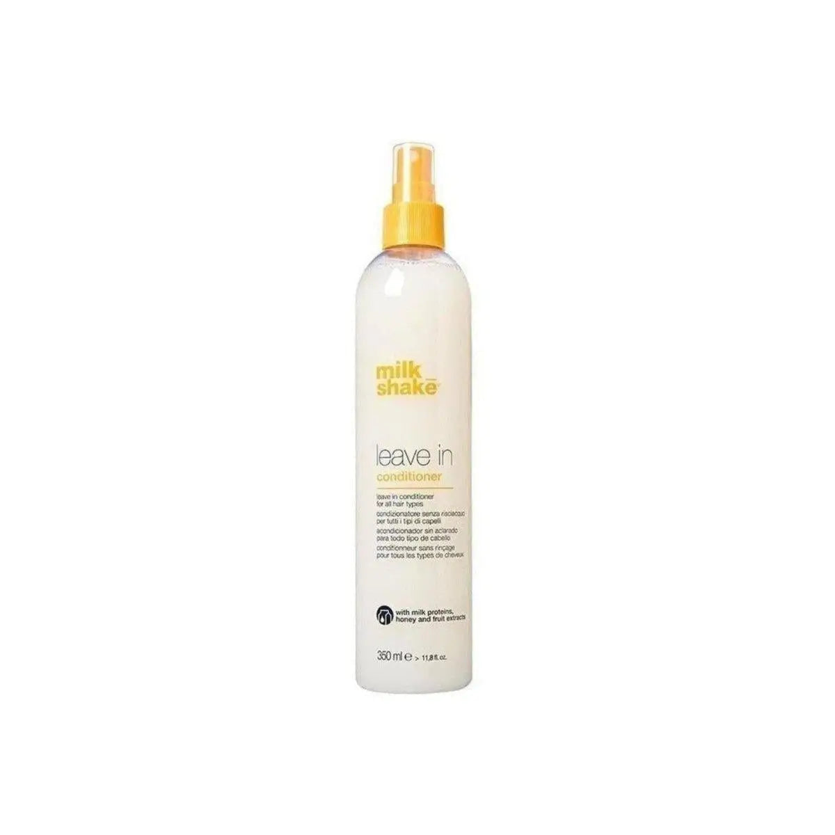 Milkshake Leave-in Conditioner 350ml for dry hair care routine, white spray bottle with yellow cap