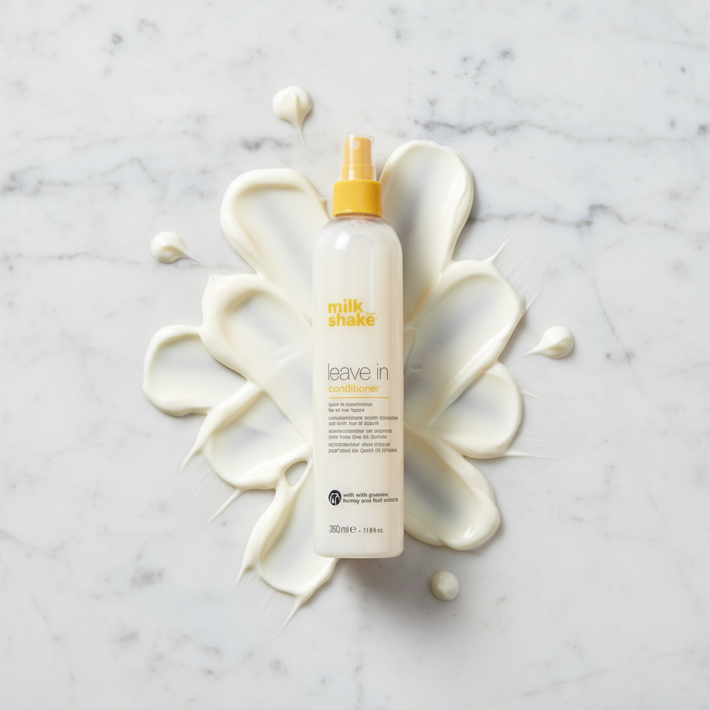 Milkshake leave in conditioner 350ml bottle with creamy texture spread on marble surface