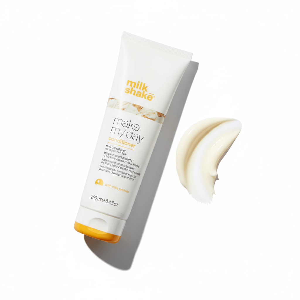 Milkshake Make My Day Conditioner 250ml tube with creamy conditioner swatch on white background
