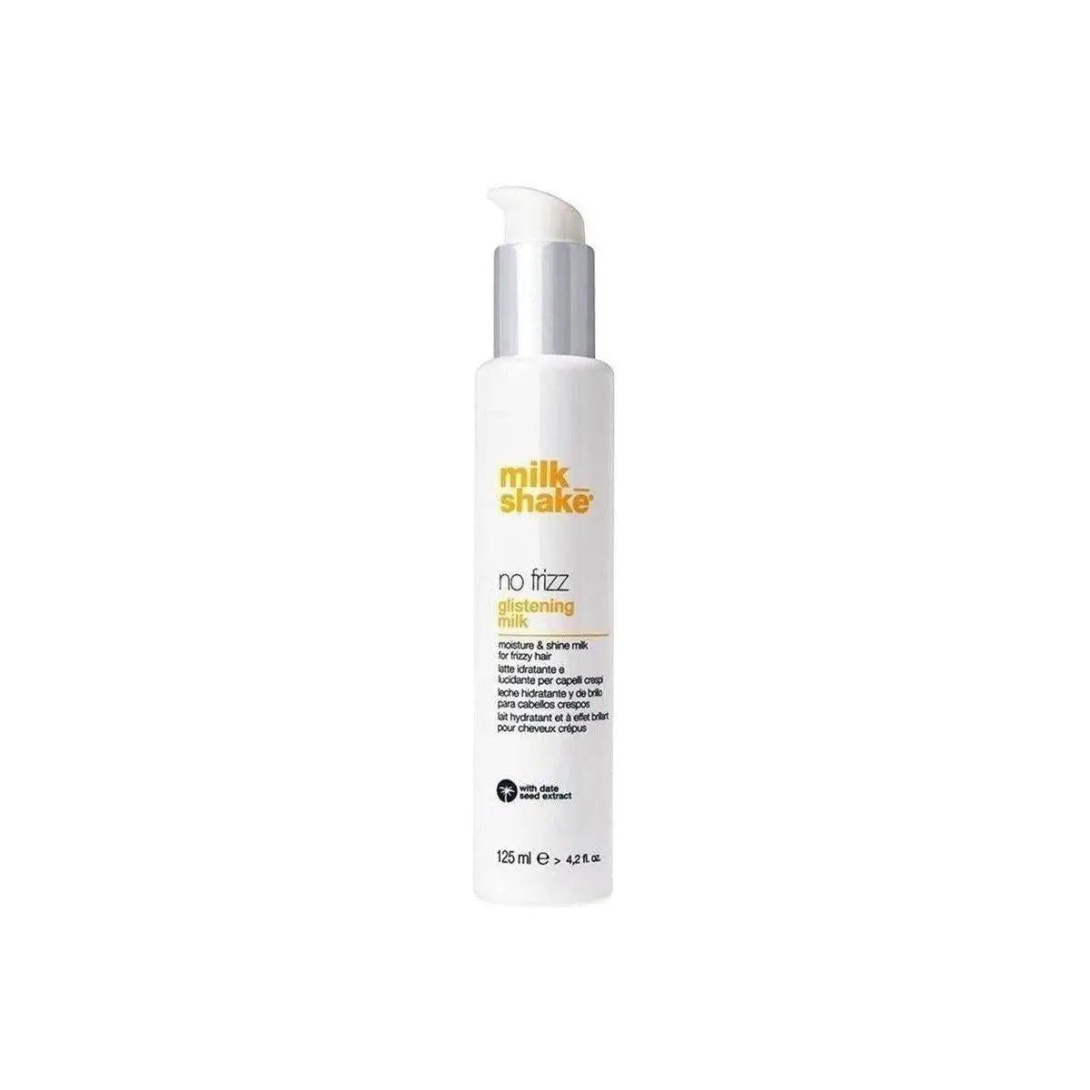 Milkshake No Frizz Glistening Milk styling aid in a white pump bottle for frizz control