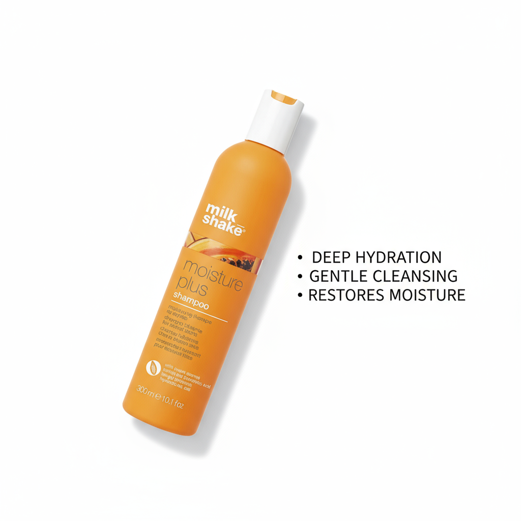 Milkshake Moisture Plus Shampoo orange bottle providing deep hydration gentle cleansing and moisture restoration