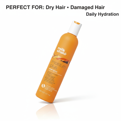 Milkshake Moisture Plus Shampoo bottle for dry and damaged hair providing daily hydration