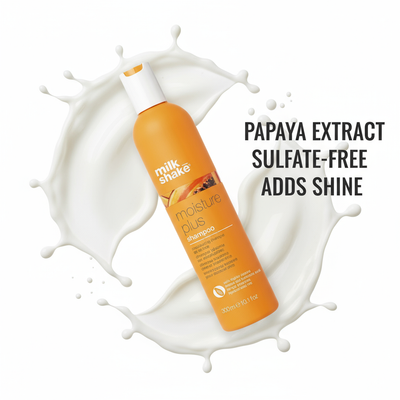 Milkshake Moisture Plus Shampoo bottle with papaya extract and sulfate-free formula that adds shine