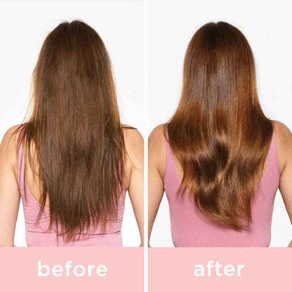 Before and after results of using Milkshake Normalizing Blend Shampoo showing smoother and shinier brown hair
