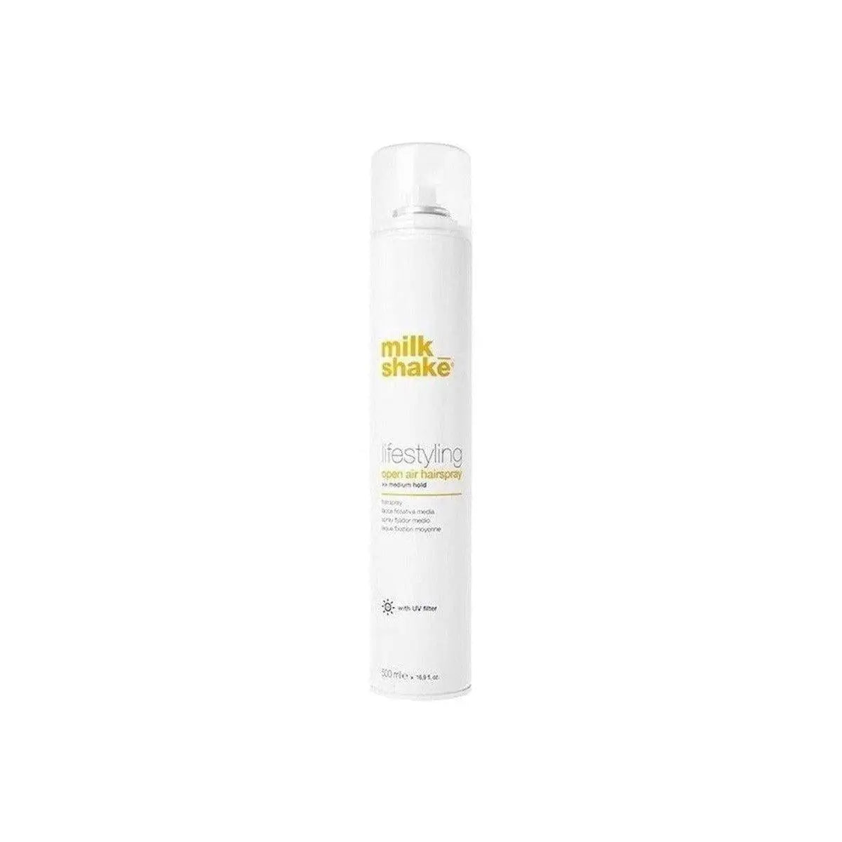 Milkshake Open Air Hairspray styling aid in white spray bottle for natural hold and UV protection