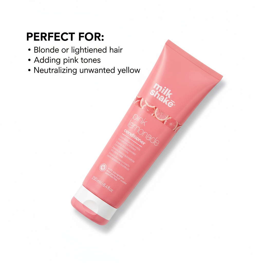 Milkshake pink lemonade color conditioner tube designed for blonde hair with pink tones and yellow neutralizing