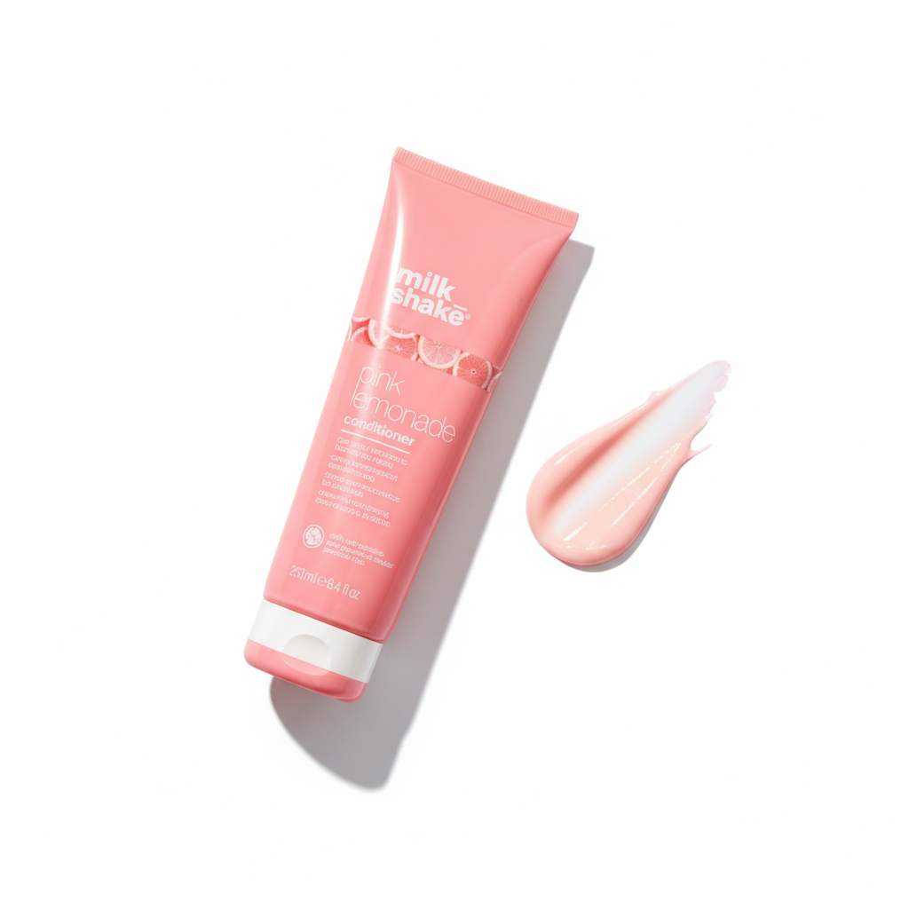 Milkshake pink lemonade color conditioner tube with a creamy sample swatch on white background