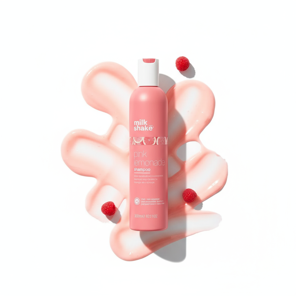 Milkshake pink lemonade shampoo bottle on pink creamy swirls with raspberries on white background
