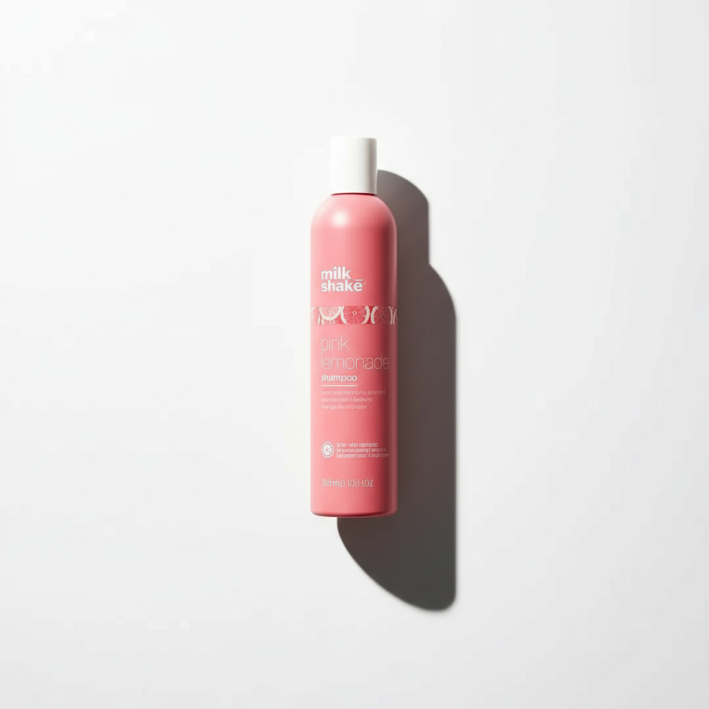 Milkshake pink lemonade shampoo in a pink bottle with white cap on white background