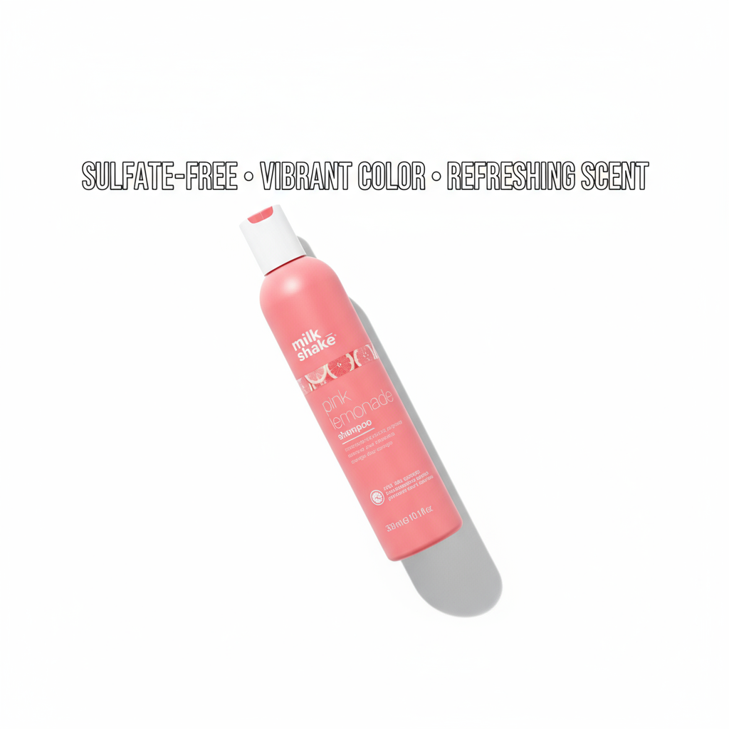 Milkshake pink lemonade shampoo bottle in pink with sulfate-free formula and refreshing scent