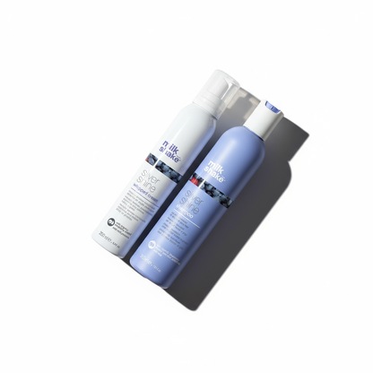 Milkshake silver shine bundle with two sleek hair care bottles in white and blue packaging
