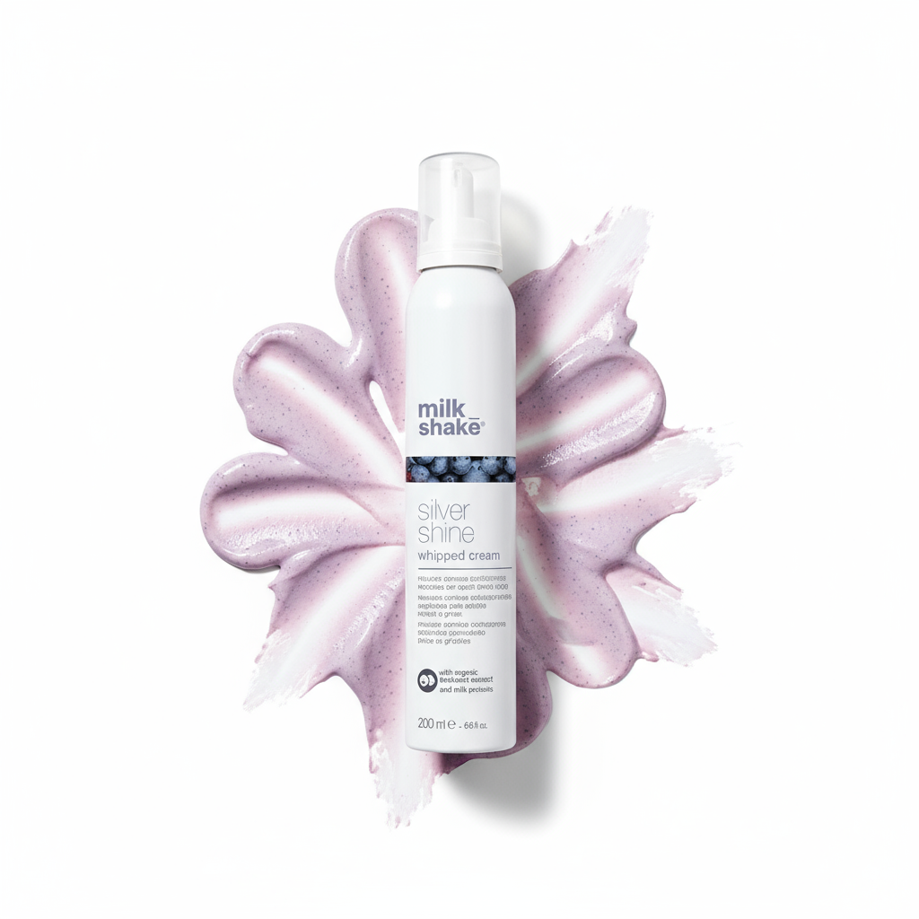 Milkshake Silver Shine conditioner for blonde hair in white bottle with purple cream swatch background