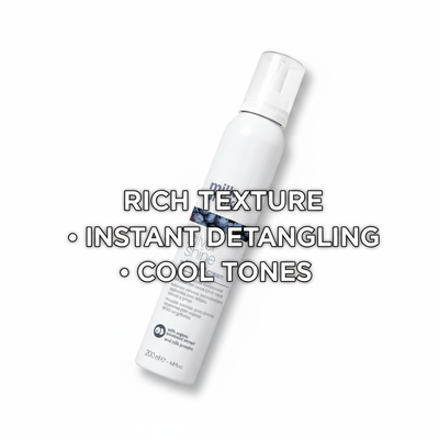 Milkshake Silver Shine conditioner for blonde hair in white bottle with pump and product benefits