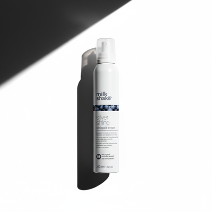 Milkshake Silver Shine conditioner for blonde hair in white bottle with pump on white background