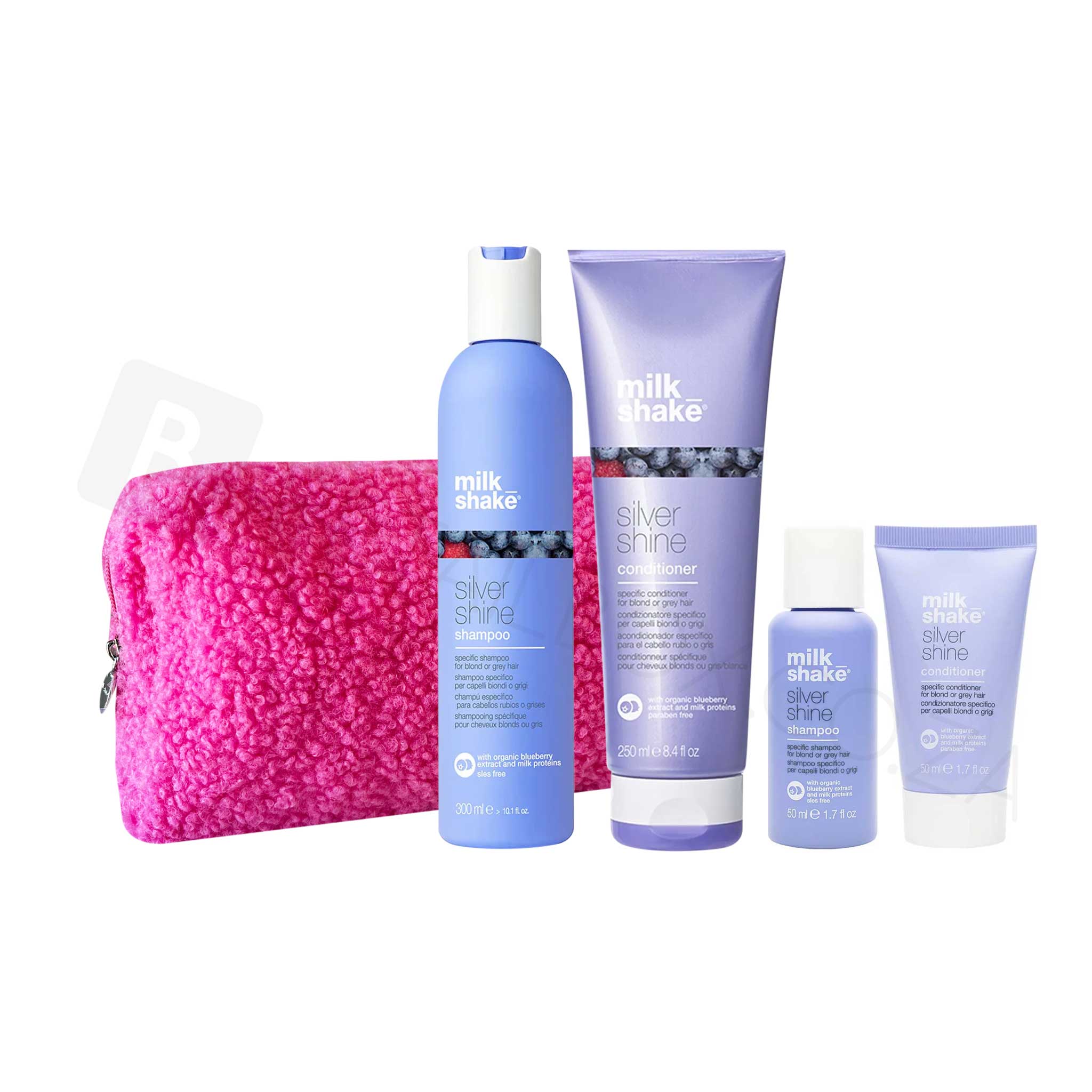 Milkshake silver shine gift set with shampoo, conditioner, and travel-sized hair care products with pink textured pouch