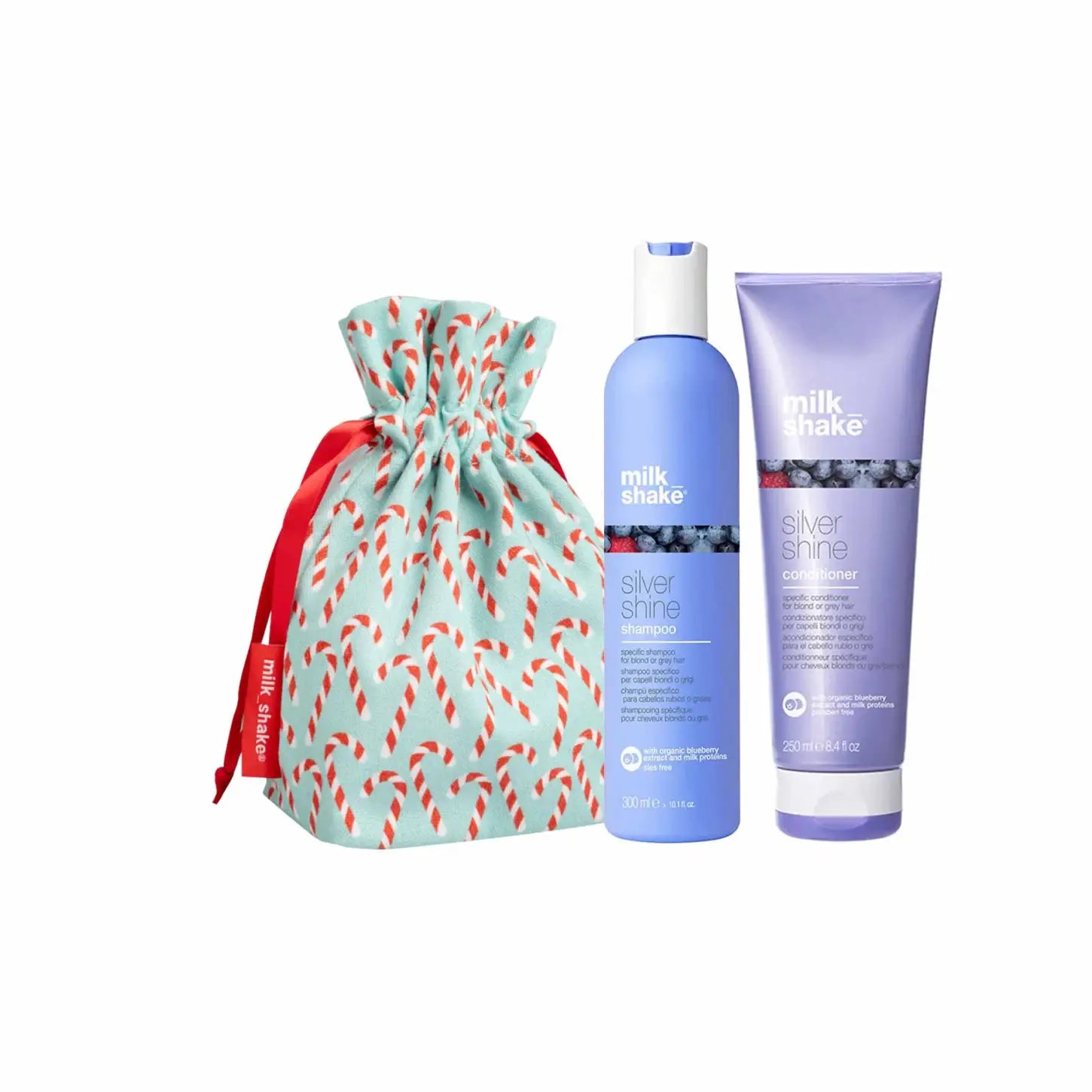 Gift set featuring hair care products and a decorative drawstring bag.