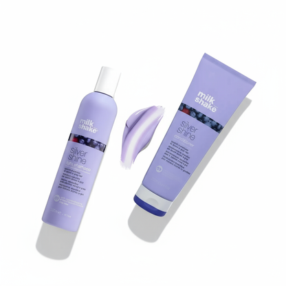 Milkshake Silver Shine Light Duo gift set with purple shampoo and conditioner tubes on white background