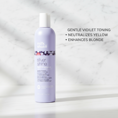 Milkshake Silver Shine light Shampoo bottle with gentle violet toning for neutralizing yellow and enhancing blonde hair