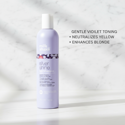 Milkshake Silver Shine light Shampoo bottle with gentle violet toning for neutralizing yellow and enhancing blonde hair