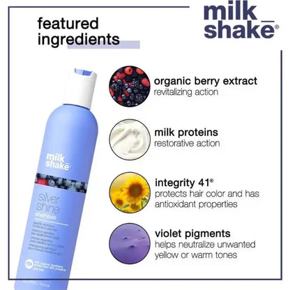 Milkshake Silver Shine Shampoo 300ml highlighting ingredients to neutralize brassy tones