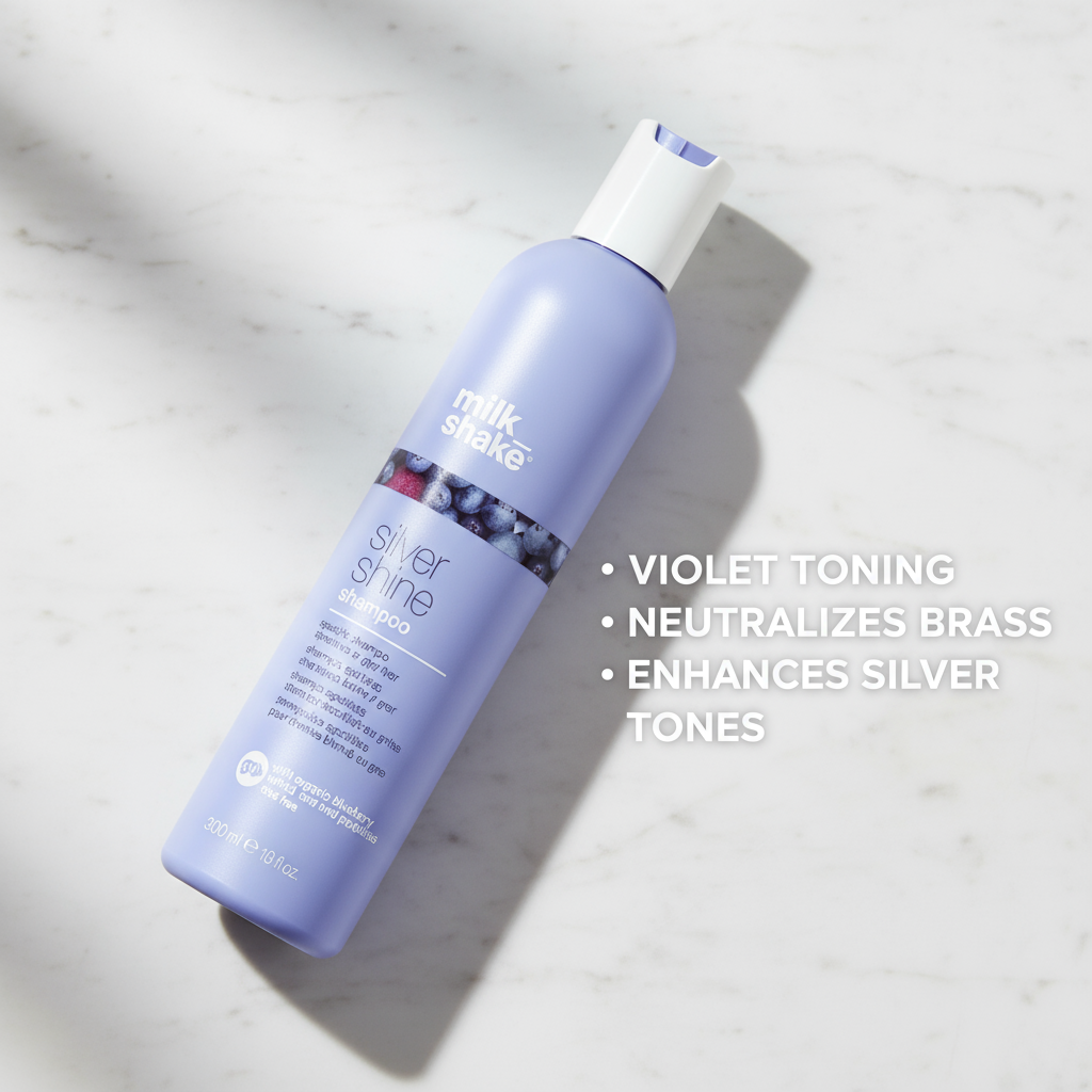 Milkshake Silver Shine Shampoo bottle with violet toning to neutralize brass and enhance silver tones