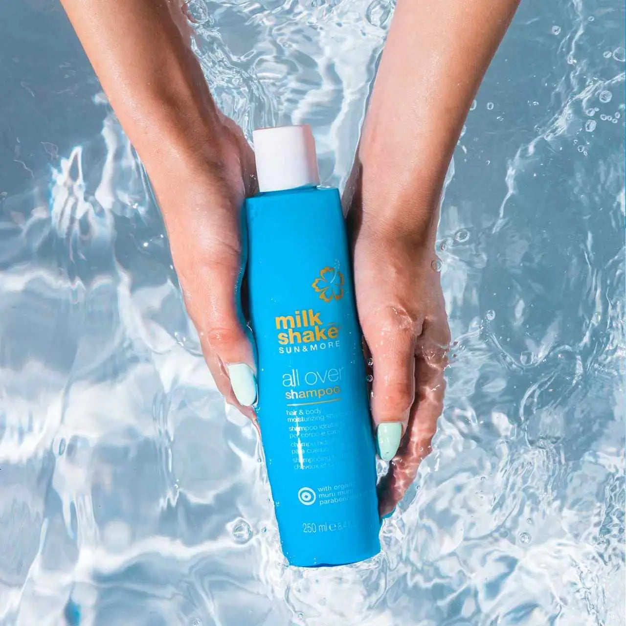 Blue bottle of Milkshake Sun & More All Over Shampoo 250ml ready for WhatsApp share