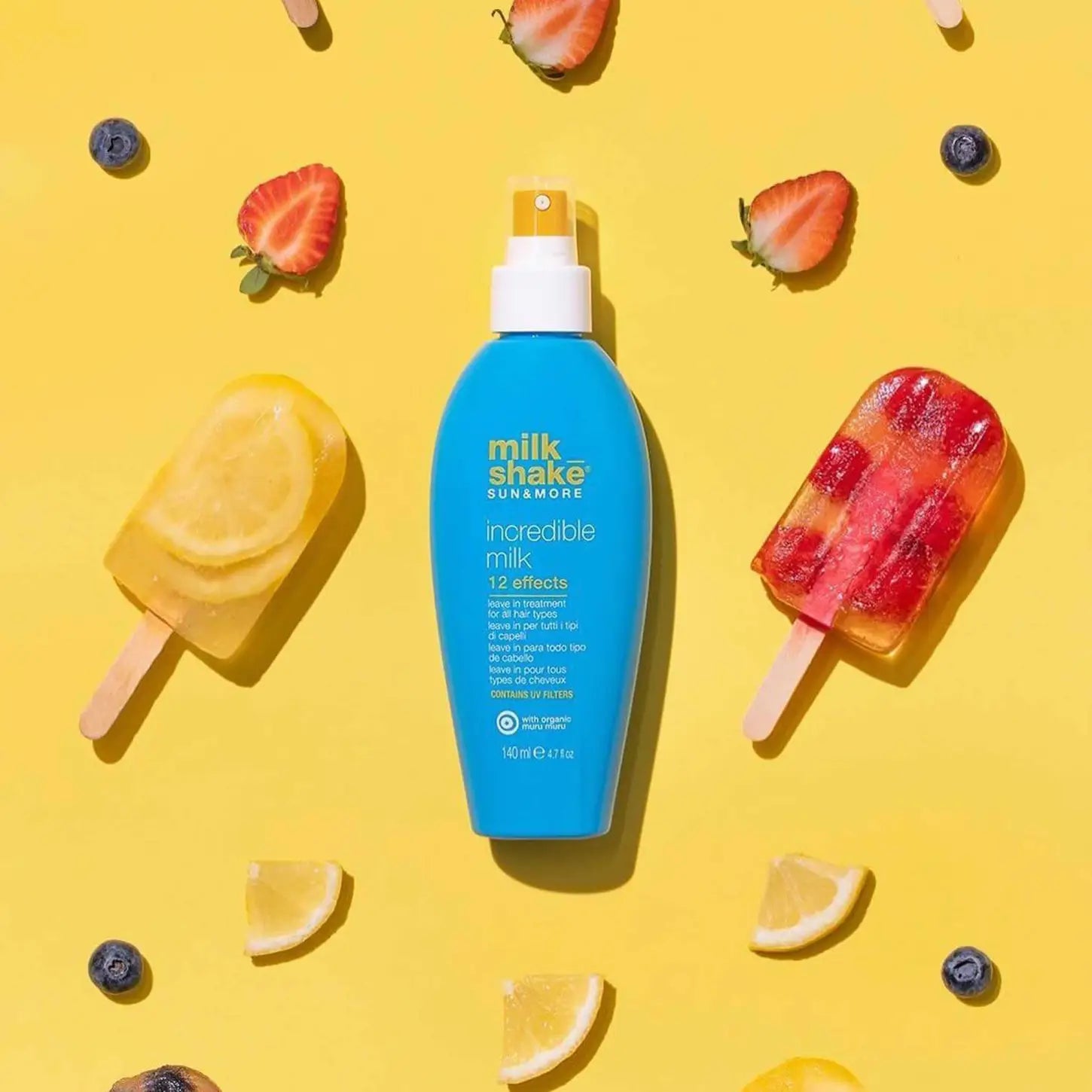 Blue bottle of Milkshake Sun & More Incredible Milk 140ml hair treatment milk