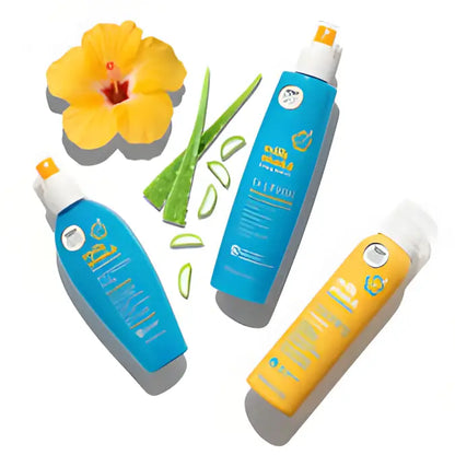Colorful sunscreen bottles featured with Milkshake Incredible Milk 140ml for hair treatment