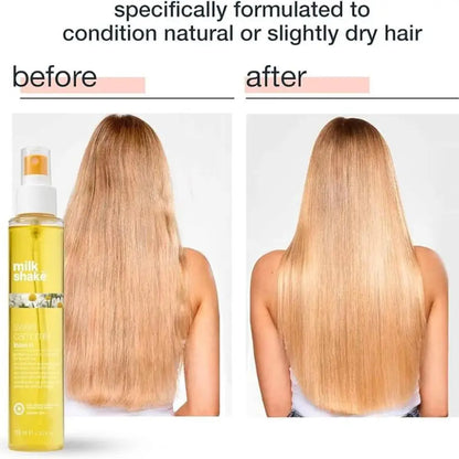 Before and after images showing hair conditioned with Milkshake Sweet Camomile Leave-in Conditioner for smoother natural hair