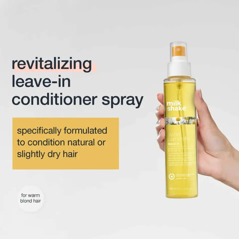 Milkshake Sweet Camomile Leave-in Conditioner spray bottle held in hand for revitalizing dry or natural hair