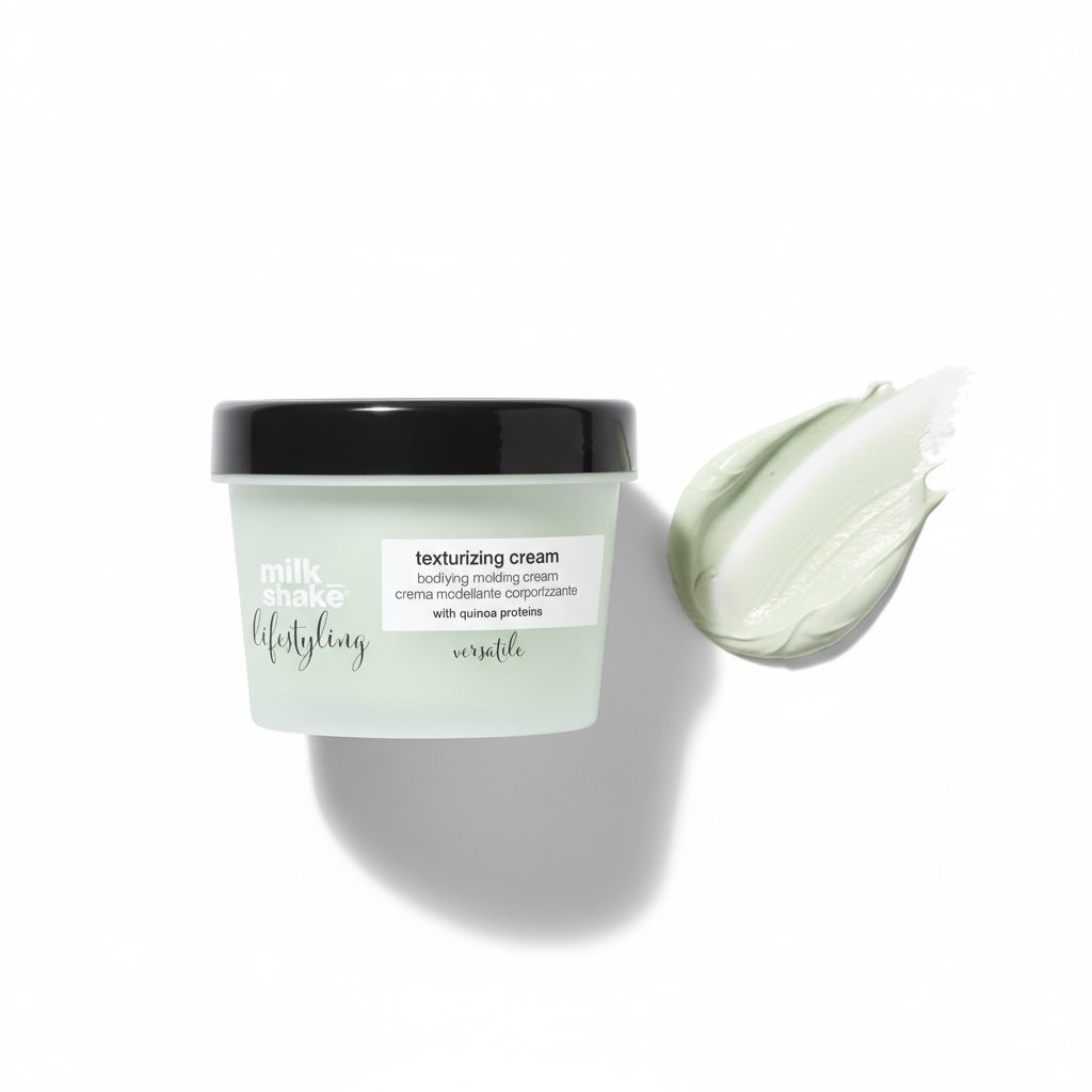 Milkshake Texturizing Cream 100ml in frosted jar with black lid and cream texture beside it