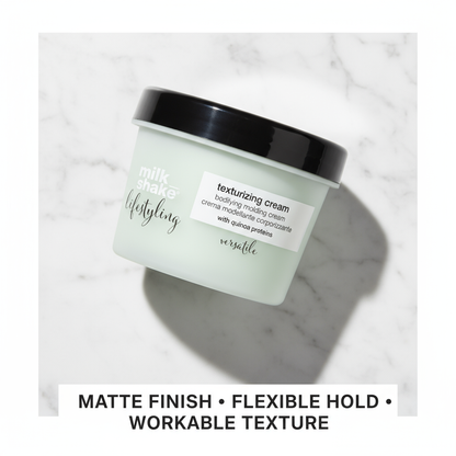 Milkshake Texturizing Cream 100ml in a light green jar with black lid for flexible hold and matte finish