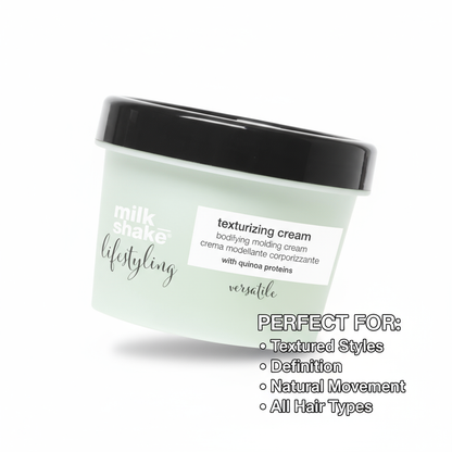 Milkshake Texturizing Cream 100ml styling aid in a light green jar with black lid for textured styles and hair definition