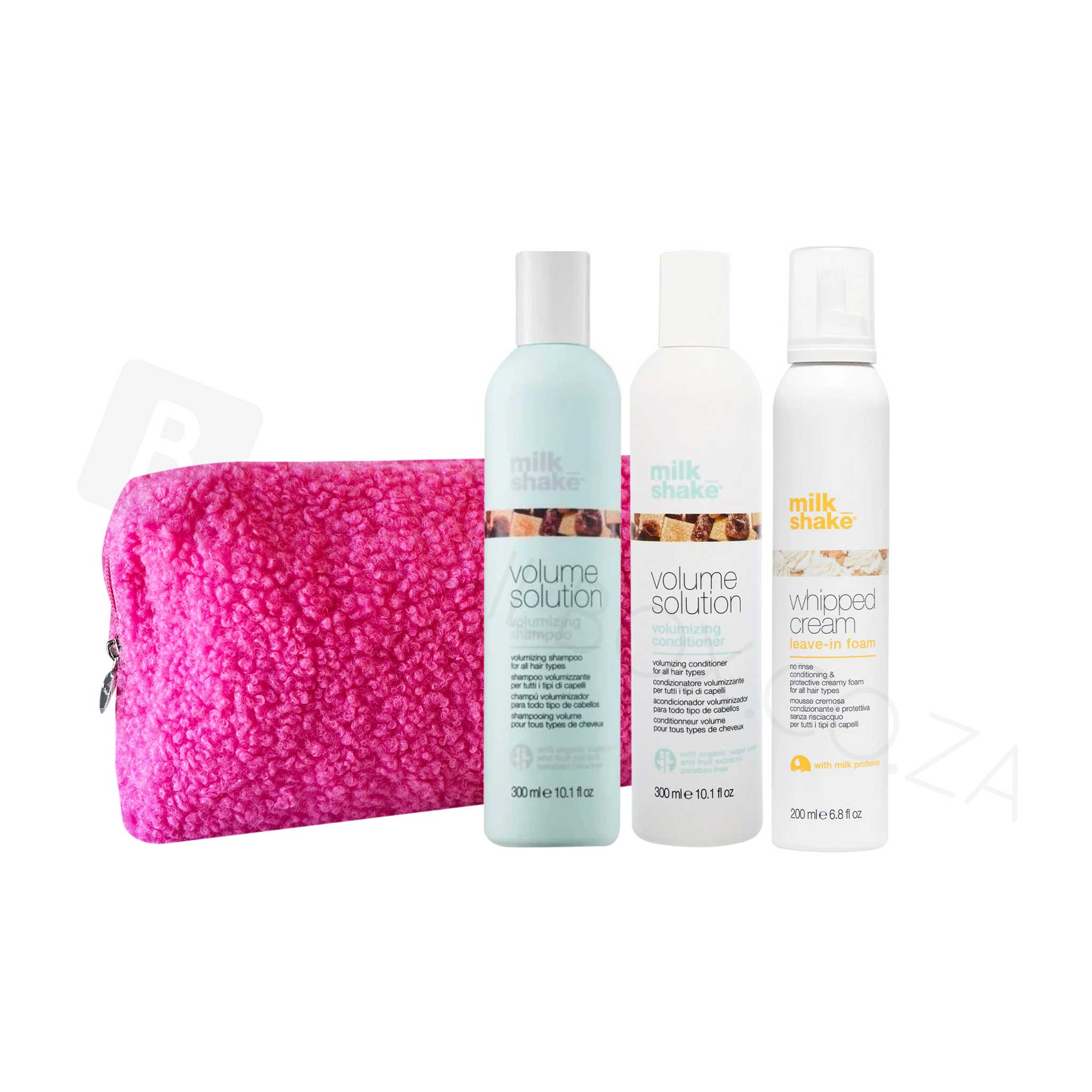 Milkshake Volume Holiday Gift Set with shampoo, conditioner, whipped cream foam, and pink pouch