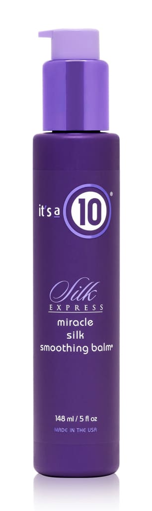 Purple bottle of It’s a 10 Miracle Silk Smoothing Balm with pump dispenser