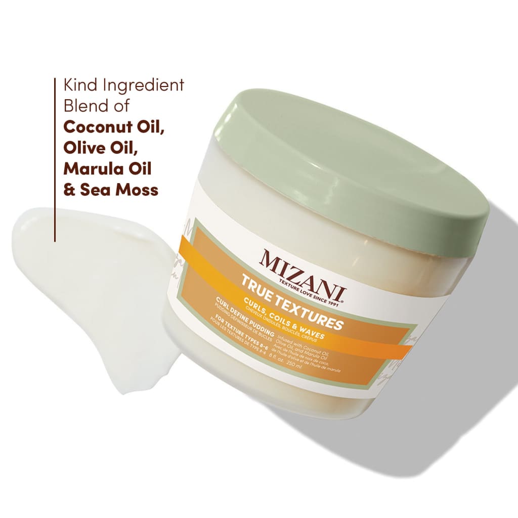 Mizani Curl Define Pudding 200ml jar with light green lid labeled ’Mizani True Textures’