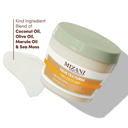 Mizani Curl Define Pudding 200ml jar with light green lid labeled ’Mizani True Textures’