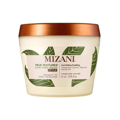 Mizani Curl Define Pudding 200ml with green leaf design and copper lid for curly hair