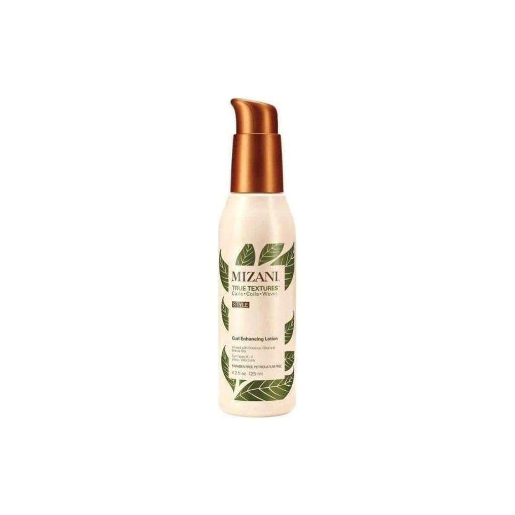 Mizani’s Curl Enhancing Lotion 124ml with gold cap and green leaf design for enhanced definition