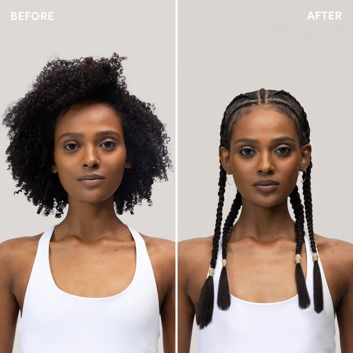 Before and after using Mizani Miracle Length: curly hair transformed to braided hairstyle