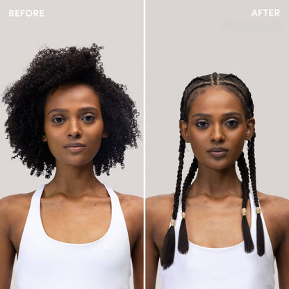 Side-by-side comparison of a woman’s hairstyle change from natural curls to braids.