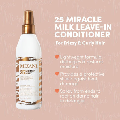 White spray bottle of Mizani Miracle Milk Leave-In Conditioner for Textured Hair - 250ml