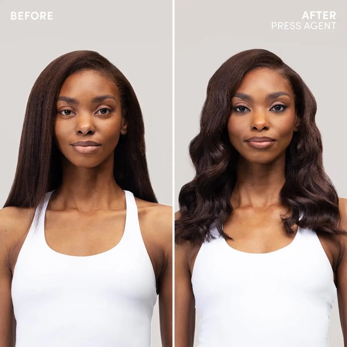 Before and after of woman’s hairstyle using Mizani Press Agent Thermal Smoothing Serum