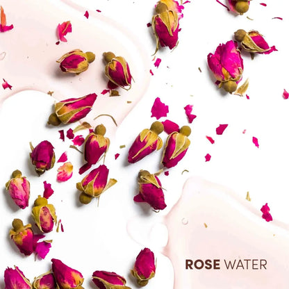 Dried rose buds and Mizani Rose H2O Hairdress Conditioner 240ml text ’ROSE WATER’